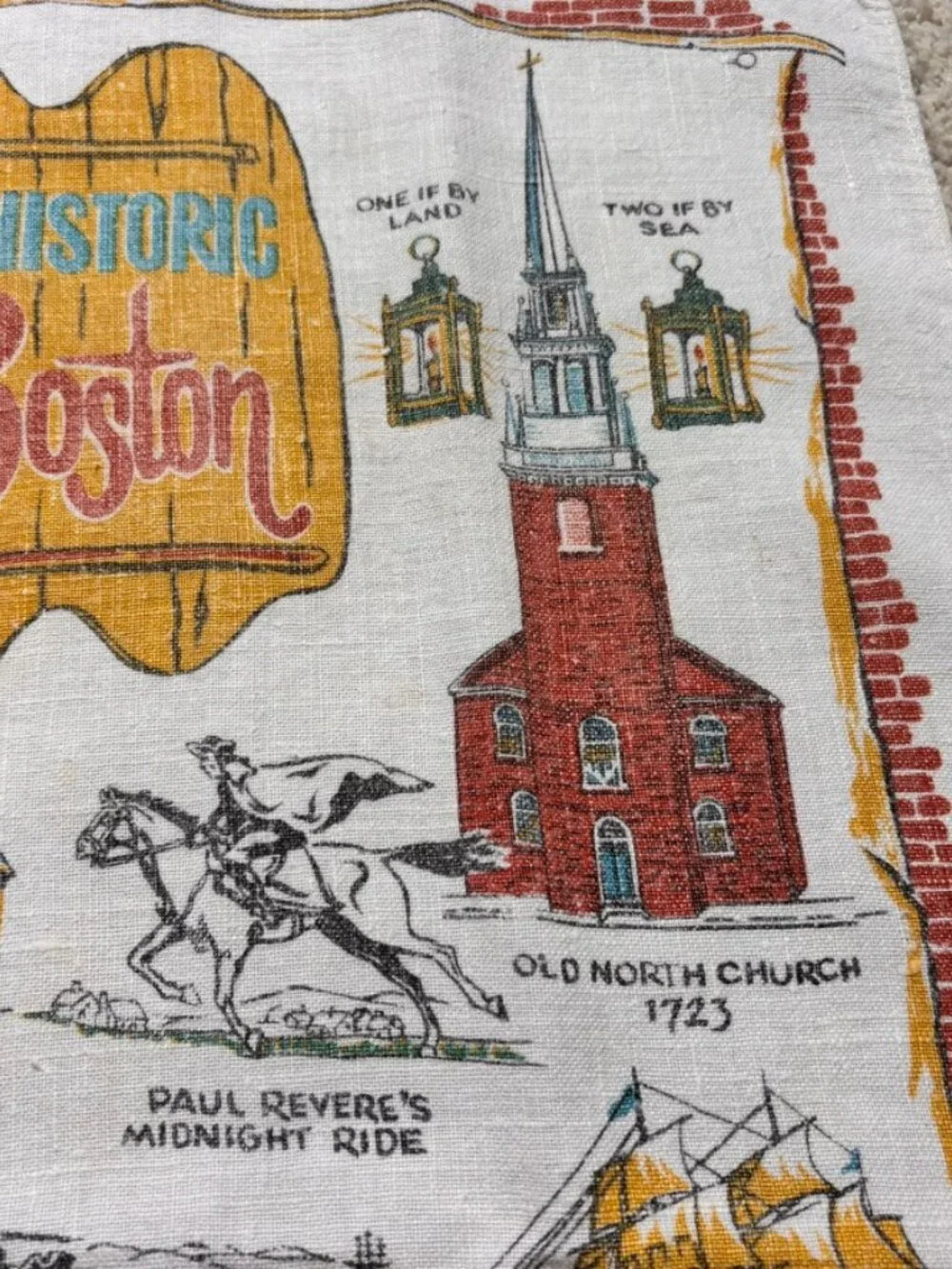 Vtg Stevens 100% Linen Souvenir Historic Boston Tea Towel Americana